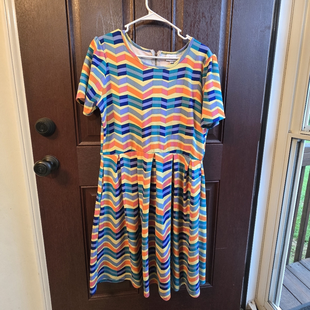 LuLaRoe Orange and Blue Pleated Midi Dress